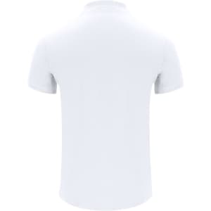 A white polo shirt with a soft fabric and a classic collar design, featuring a logo on the front.
