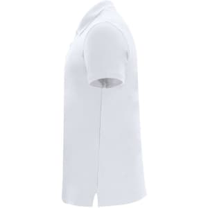 A white polo shirt with short sleeves, featuring a side view and a simple design. It includes a logo.