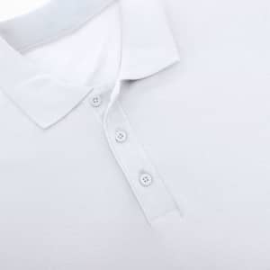 A white polo shirt with a collared neckline and three buttons, featuring a logo on the chest.