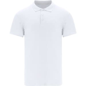 A plain white polo shirt featuring a three-button placket and short sleeves. It has a branding logo.