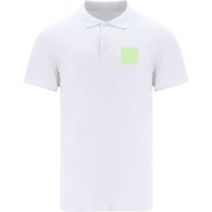 A white polo shirt featuring a small green square and a collar, complete with a button placket.