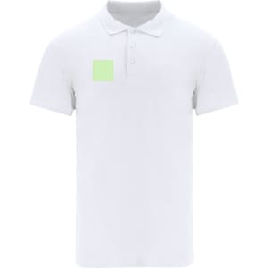 A white polo shirt with a small green square on the front and three buttons at the collar.