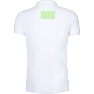 A white polo shirt featuring a logo and a blank space on the back for customization.