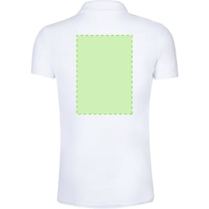 A white polo shirt featuring a blank area on the back for customization, with a collar and a logo on the front.