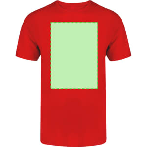 A red adult T-shirt featuring a blank green rectangular area. The shirt has a logo.