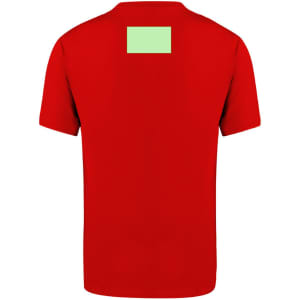 A red adult T-shirt with a blank patch on the back and a logo on the front.