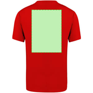 A red adult t-shirt featuring a blank green area on the back and a logo on the front.