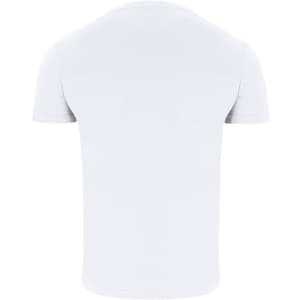A plain white adult T-shirt featuring a crew neckline and short sleeves. The shirt has a logo on it.