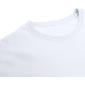 A white adult t-shirt with a round neckline and minimal design, featuring a logo.