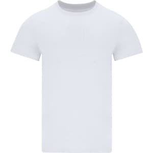 A white adult t-shirt featuring a crew neck and short sleeves, with a logo on the front.