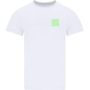 A white adult t-shirt featuring a small green square logo on the front.