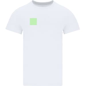 A white adult T-shirt featuring a small green square and a logo on the front.