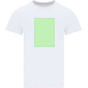 A white adult t-shirt featuring a blank area for customisation, with a light green outline.