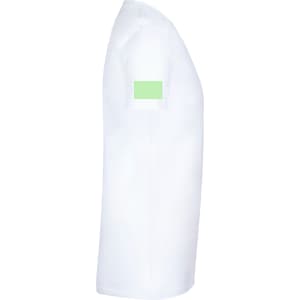 A white adult T-shirt featuring a green square patch on the sleeve.