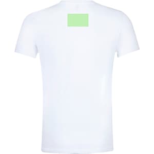 A plain white adult T-shirt featuring a small green patch on the back and has a logo.