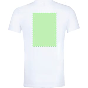 A white adult T-shirt featuring a blank green rectangle on the back for custom designs.