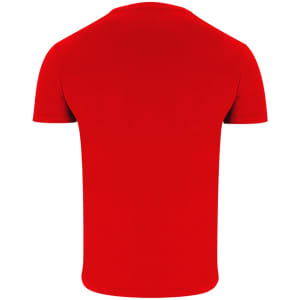 A red adult T-shirt with a fitted style and short sleeves, featuring a logo on the back.