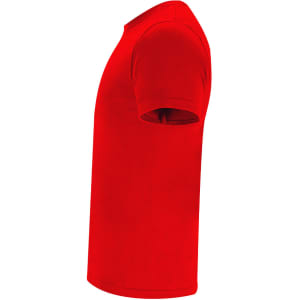 A red adult t-shirt displayed from the side, featuring a classic crew neckline and short sleeves, with a logo present.