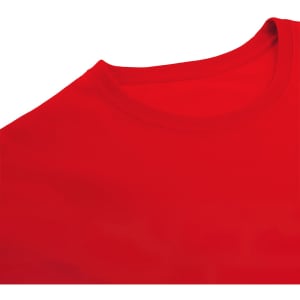 A red adult T-shirt with a rounded neckline and short sleeves, featuring a logo.