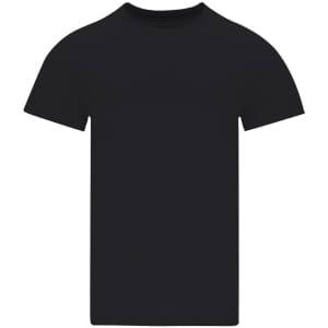 A black adult t-shirt with a classic crew neckline and short sleeves, featuring a branding logo.