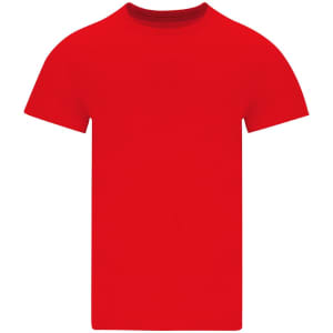 A red adult T-shirt with a round neckline and short sleeves, featuring a branding logo.