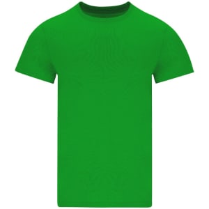 A green adult T-shirt featuring a round neckline and short sleeves, with a logo on the front.