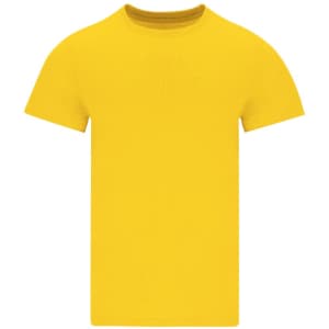 A bright yellow adult T-shirt with short sleeves and a round neckline. It features a logo on the front.
