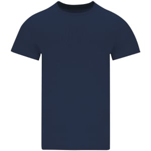 A navy blue adult T-shirt featuring a crew neck design and short sleeves. The shirt has a logo on it.