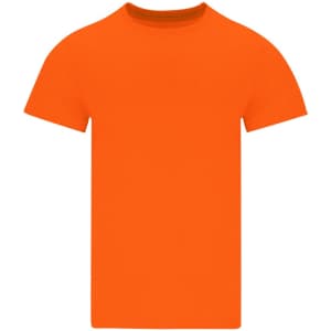An orange adult t-shirt with short sleeves and a crew neck, featuring a logo.