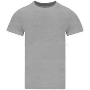 A grey adult colour T-shirt with a round neckline and short sleeves, featuring a branding logo.