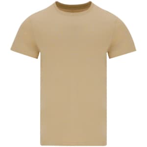 A beige adult T-shirt featuring short sleeves and a round neckline, with a small logo on the side.