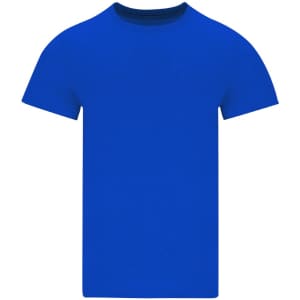 A bright blue adult t-shirt with a standard crew neck and short sleeves, featuring a logo on the chest.