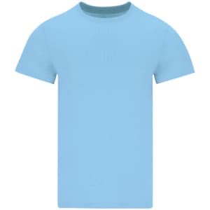 A blue adult T-shirt featuring short sleeves and a crew neckline, with a logo on the front.