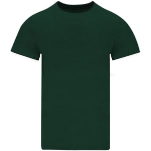 A plain dark green adult T-shirt with a round neck and short sleeves. It features a logo.