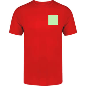 A vibrant red adult colour T-shirt featuring a green square patch and a logo.