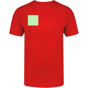 A red adult T-shirt featuring a green square on the front. The shirt has a logo on it.