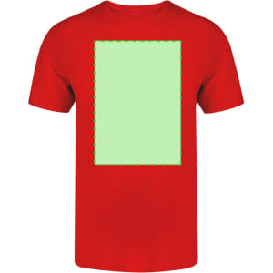 A red adult T-shirt featuring a blank green rectangular area, with a decorative border.