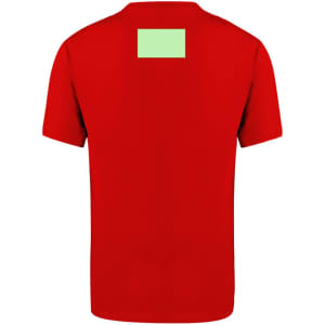 A red adult T-shirt featuring a blank area on the back and a logo on the front.