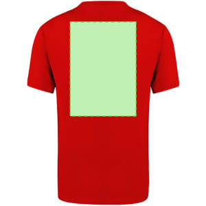 A red adult T-shirt with a large blank area on the back, featuring a logo or branding.