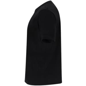 A black oversize adult T-shirt with short sleeves displayed from the side, featuring a simple design and no visible logos.
