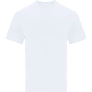 A white oversize adult T-shirt with a round neckline and short sleeves. It has a logo on it.