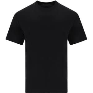 A black adult oversize T-shirt displayed against a plain background, featuring a logo at the neckline.