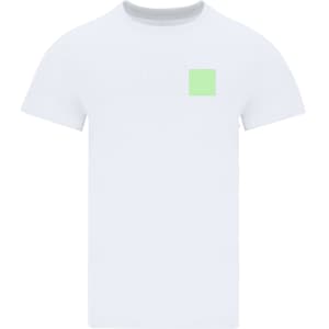 A white adult oversize T-shirt featuring a small green square patch and a logo.