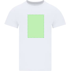 A white Minton adult oversize T-shirt featuring a green rectangular design area. It has a logo on the front.
