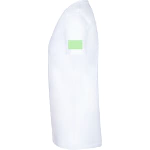 A white adult oversize T-shirt featuring a plain green patch on the sleeve and no visible branding.