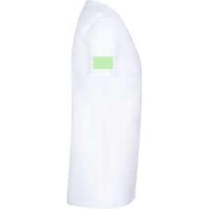 A white adult oversize T-shirt featuring a green patch on the sleeve. It has a simple, relaxed silhouette.