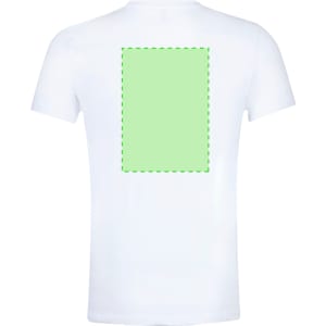A white adult oversize T-shirt featuring a blank rectangular area on the back. It includes a logo at the front.