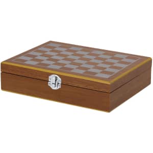A wooden chess set with a checkered lid and a metal latch, featuring a brown finish and grey squares.