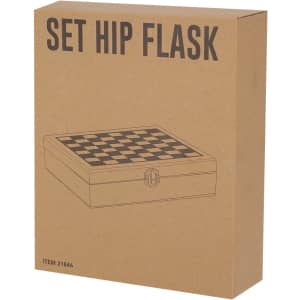 A brown box containing a hip flask set, with a checkered design on the lid and a logo.