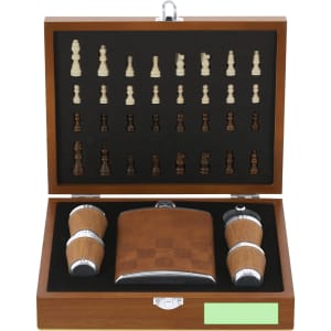 A drink flask set in a wooden case, featuring a flask and two cups, with a chess piece design on the lid.